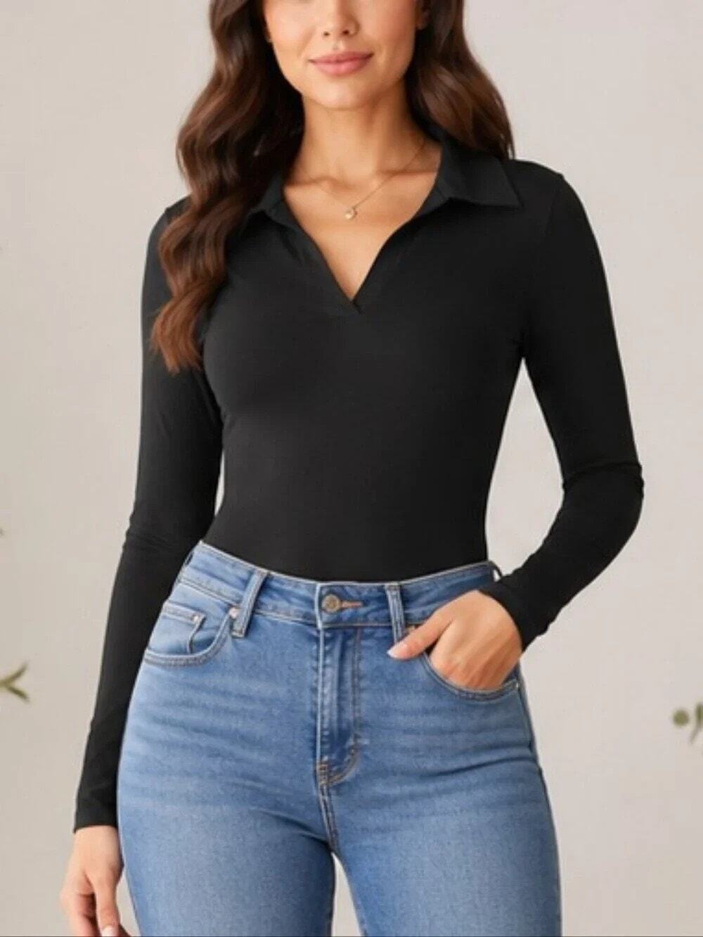 Abercrombie & Fitch Ribbed Polo Long Sleeve Bodysuit Size S Black Preppy Capsule